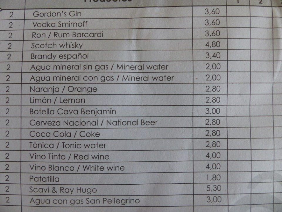 Minibar Preisliste - zivile Preise Hotel Son Caliu Spa Oasis