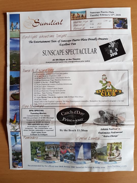 Tägliches Informationsblatt des Animationsteams (1. Seite) Sunscape Puerto Plata
