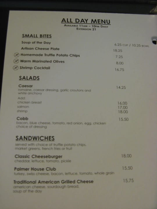 Speisekarte Roomservice Palmer House A Hilton Hotel