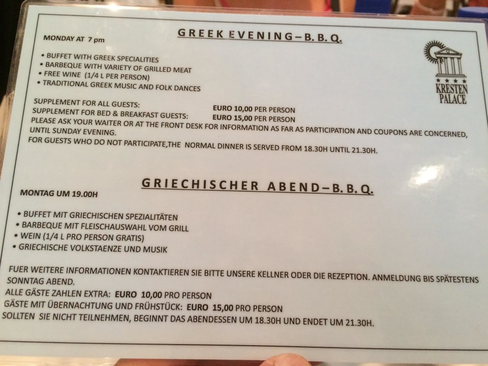 Karte für den Griechischen Abend Kresten Palace Hotel