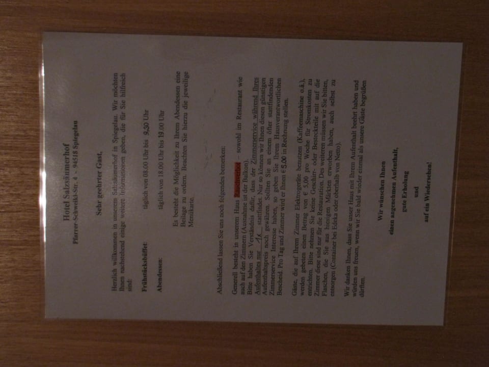 Aushang Zimmertüre Hotel Salzsäumerhof