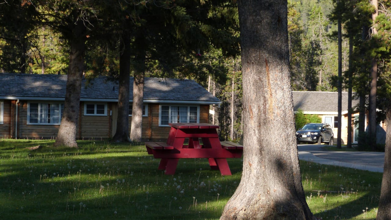 Gartenanlage vom Parkplatz aus Jasper House Bungalows