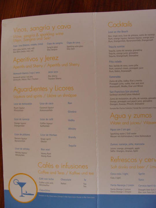 All-Inclusive Getränkekarte Club Jandia Princess