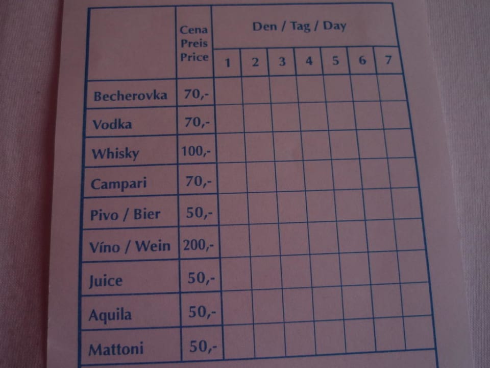 Preisliste der Minibar Hotel Promenáda
