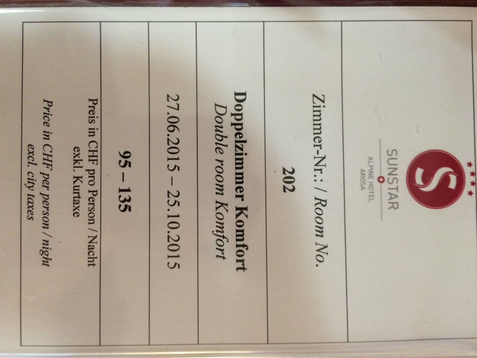 Zimmerbeschreibung Sunstar Hotel Arosa