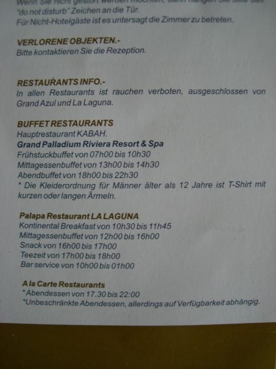 Öffnungszeiten Buffet Restaurants Grand Palladium Select White Sand Resort & Spa