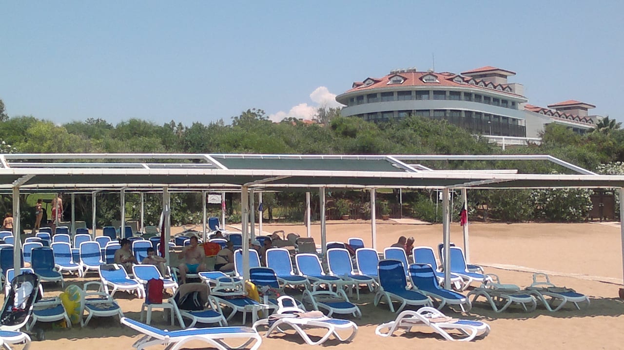 Blick auf die Liegen und Nachbarhotel Alba Royal Alba Resort Hotel