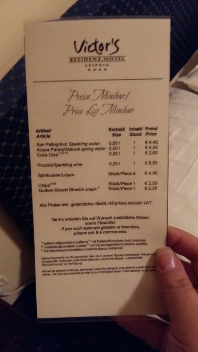 Preise Minibar Victor's Residenz Hotel Leipzig