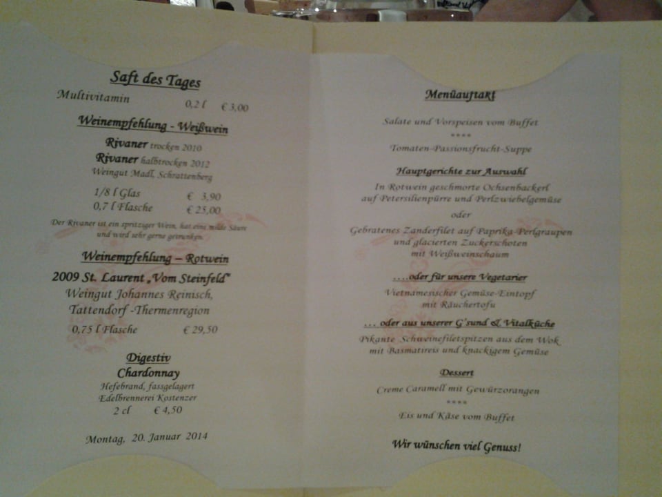 Speisekarte Wellnessresort Vier Jahreszeiten