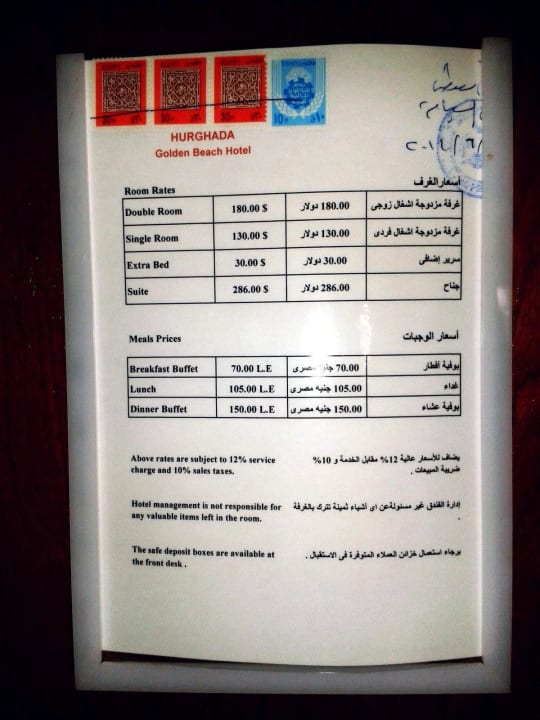 Preisliste an der Zimmertür Golden Beach Resort