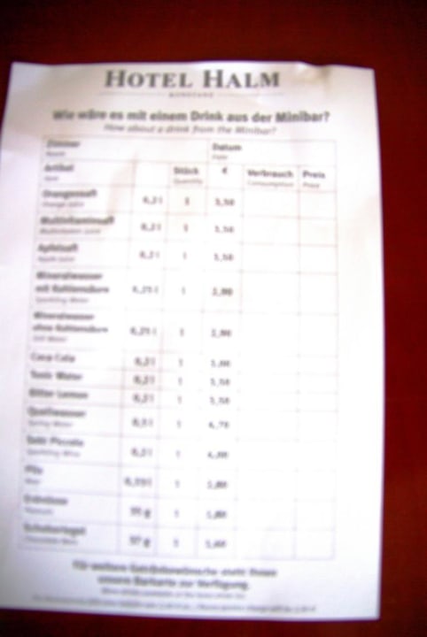 Getränkepreise Minibar Hotel Halm Konstanz