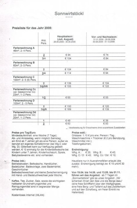 Preisliste für Ferienwohnungen Sonnwirtstöckl Ferienwohnungen Sonnwirtstöckl