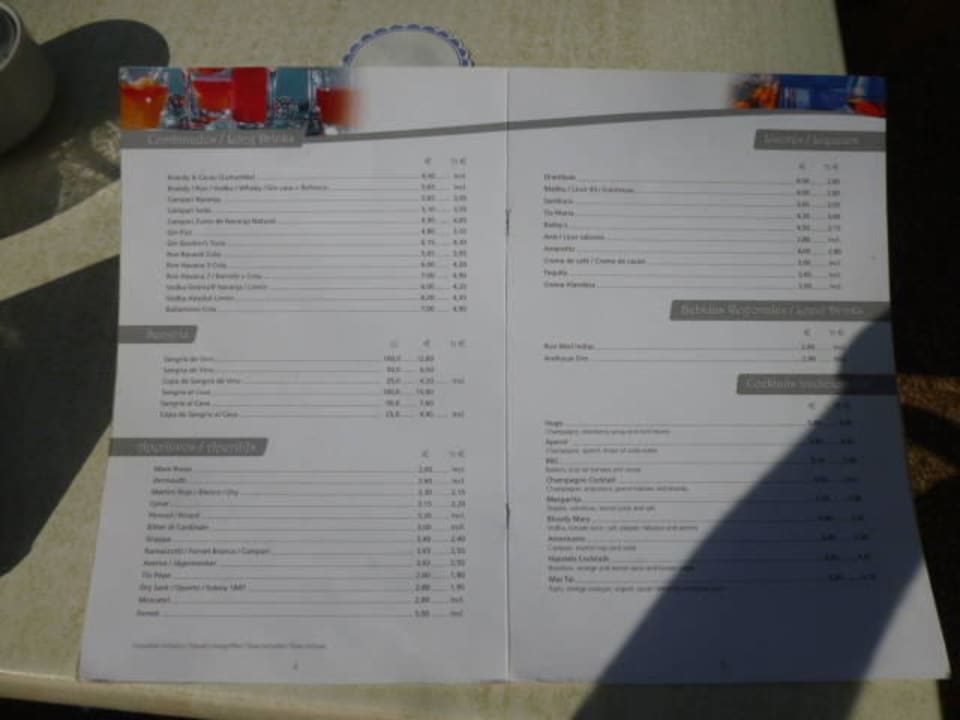 Carte de prix boissons Hipotels La Geria
