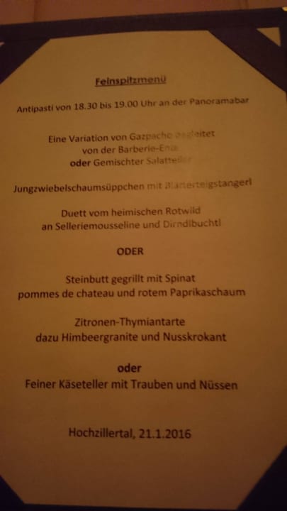 Speisekarte Wedelhütte Hotel & Chalet