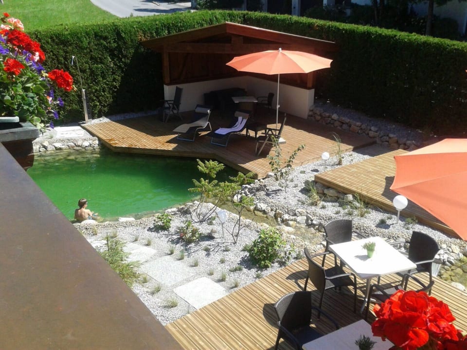 Schwimmteich vom Balkon aus Aparthotel Bergland