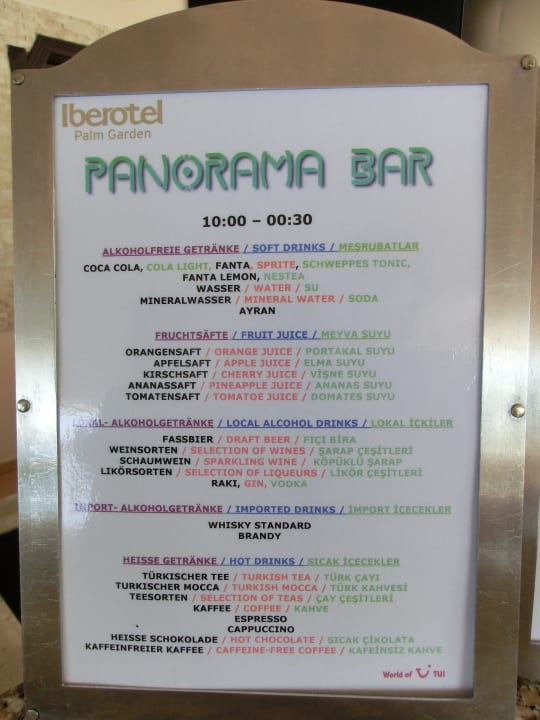 Getränkekarte TUI BLUE Palm Garden