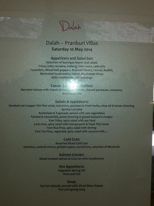 Dinnerkarte für BBQ Buffet Sheraton Hua Hin Pranburi Villas