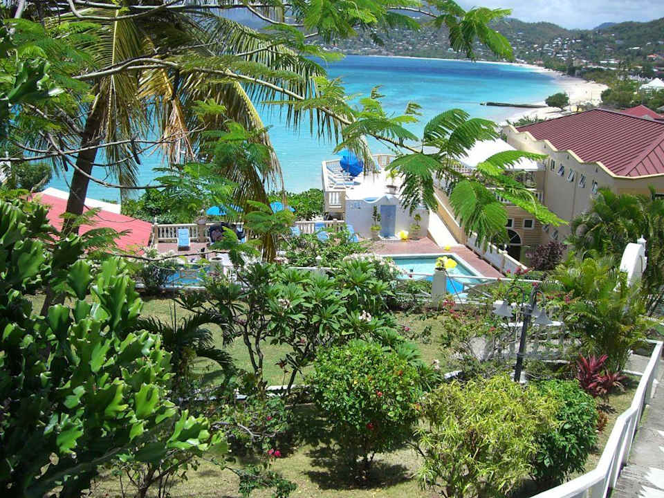 Blick über den Pool und das Restaurant zum Strand Hotel The Flamboyant