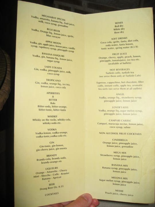 Cocktailkarte/Getränkekarte 2007 Megasaray Club Belek