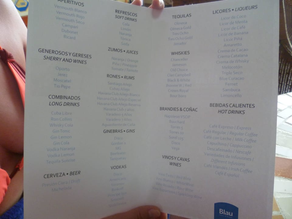 Eine von zwei Getränkekarten  Blau varadero - Adults only