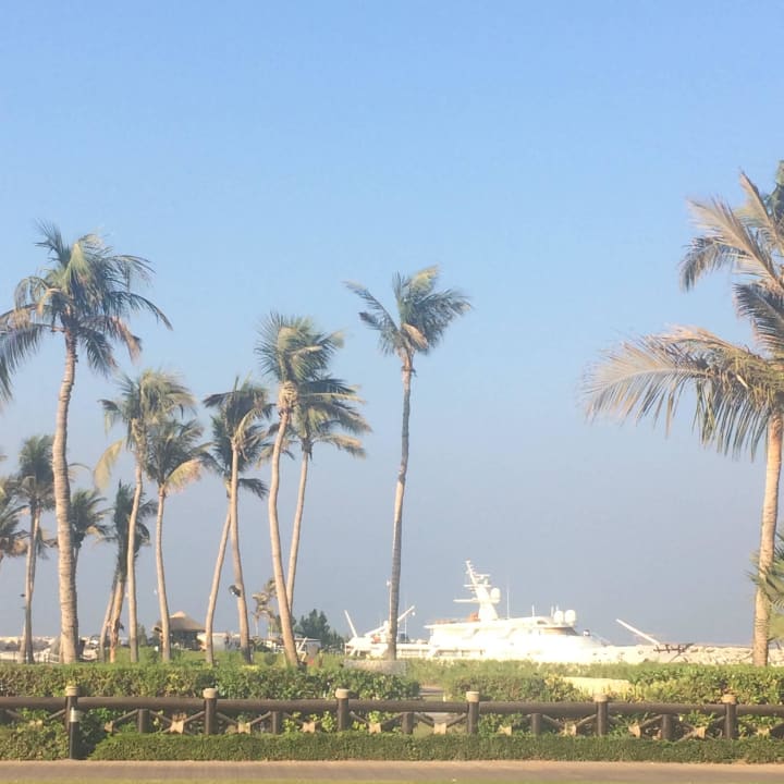 Blick vom Garten richtung hoteleigenen Yachthafen JA Beach Hotel