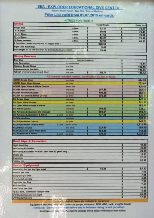 Preisliste für Taucher NH Collection Maldives Reethi Resort