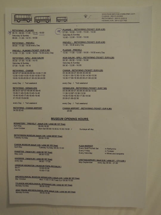 Busfahrplan und Museumsöffnungszeiten Alianthos Garden Hotel