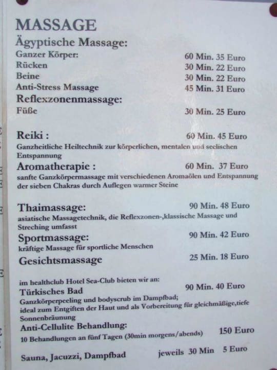 Preisliste Massage Charmillion Sea Life Resort