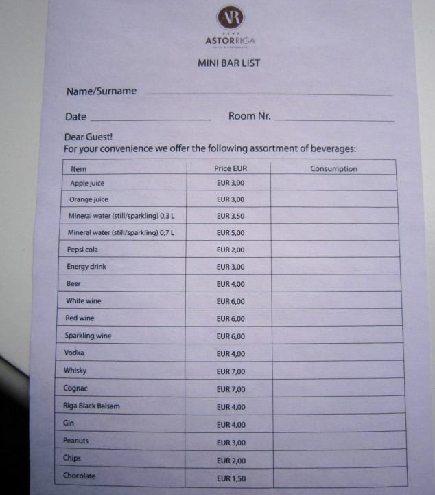 Minibar price list Radisson Hotel Old Town Riga