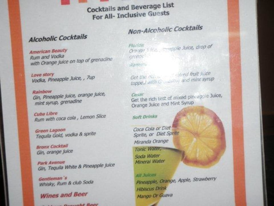 Die Cocktailkarte Titanic Beach Spa & Aqua Park