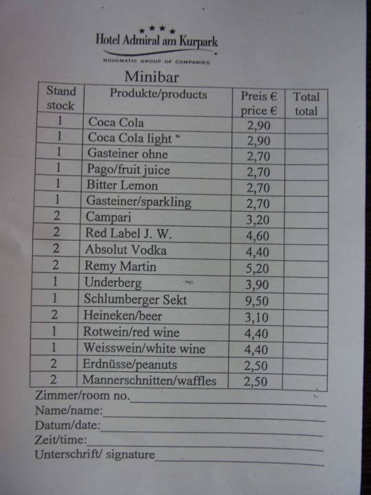 Preise Minibar Hotel Admiral am Kurpark