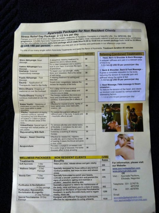 Anwendungspreisliste Hotel Jetwing Ayurveda Pavilions