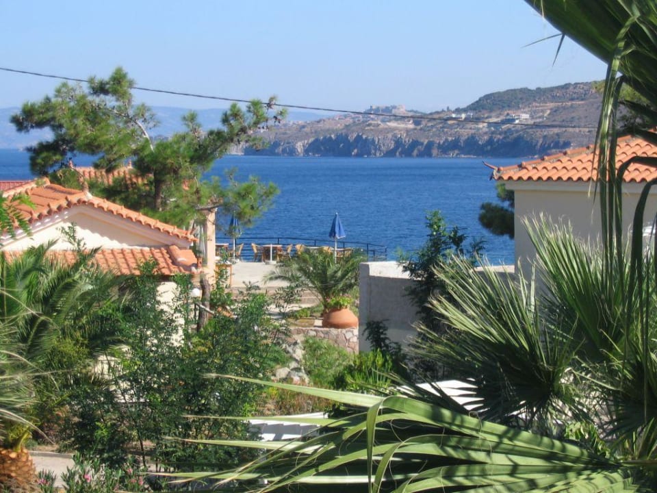 Blick auf Poolterrasse bis Molivos Hotel Alma Beach