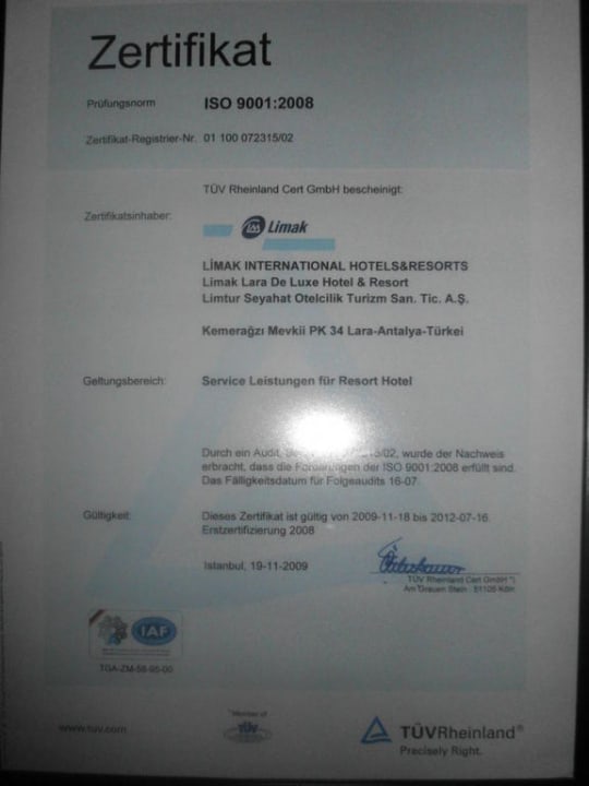 Zertifikat Limak Lara Deluxe Hotel & Resort