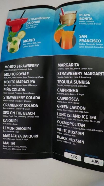 Cocktailkarte Servatur Playa Bonita