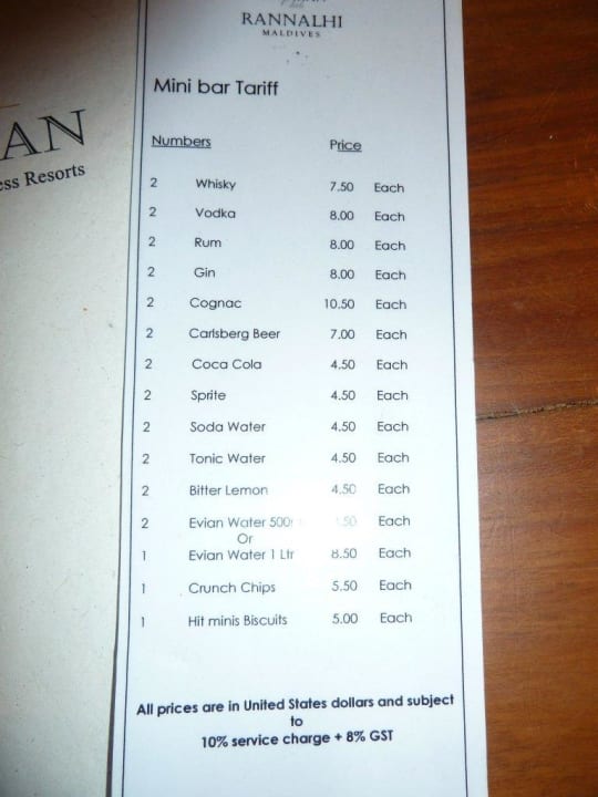 Minibarpreise Adaaran Club Rannalhi - All Inclusive