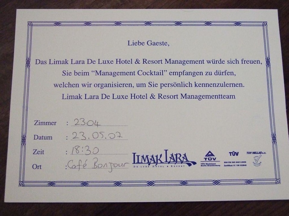 Einladung "Management Cocktail" Limak Lara Deluxe Hotel & Resort