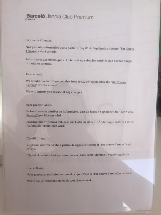Aushang - Bar geschlossen Occidental Jandía Royal Level - Adults only