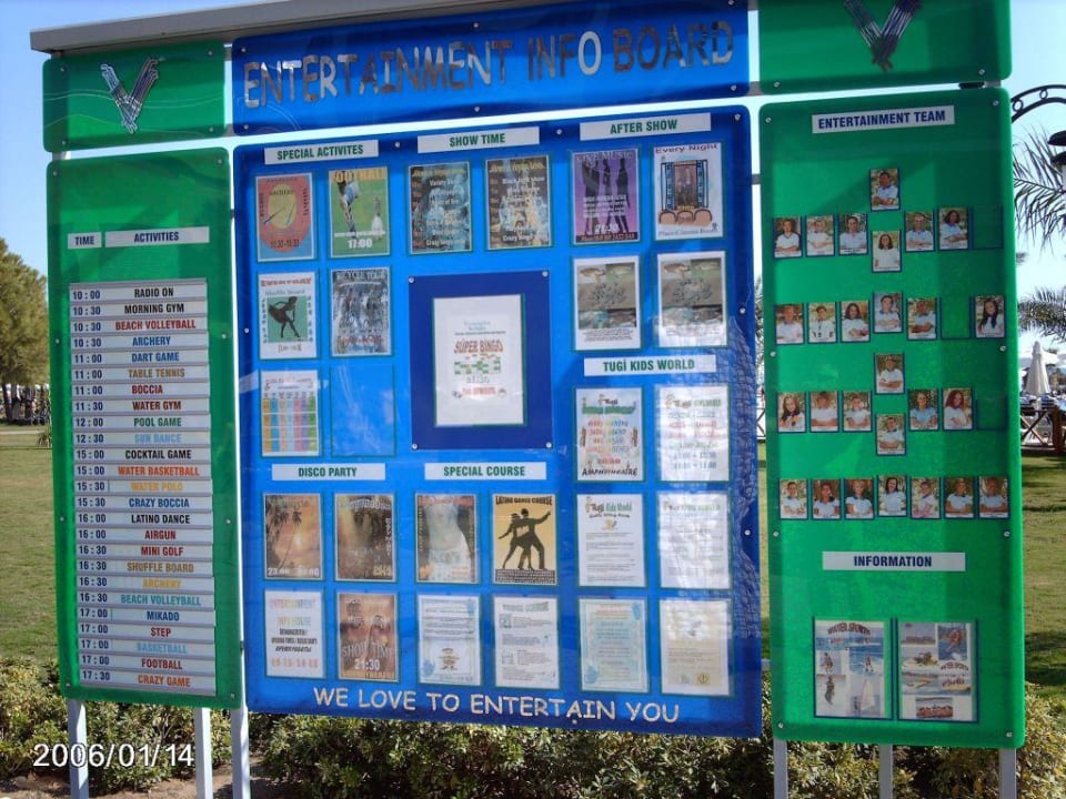 Infotafel der Animation, Tanzkurse ect. Voyage Belek Golf & Spa