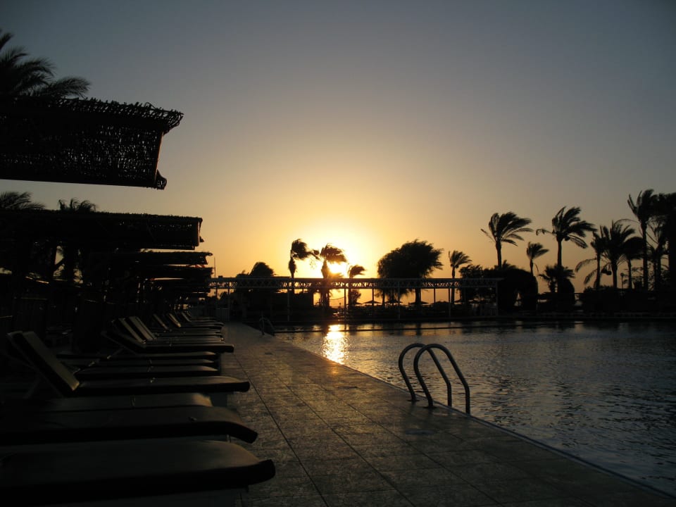 Pool beim Sonnenaufgang, die Liegen noch frei Arabia Azur Resort