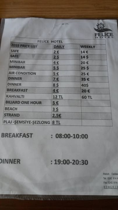 Preisliste Hotel Felice