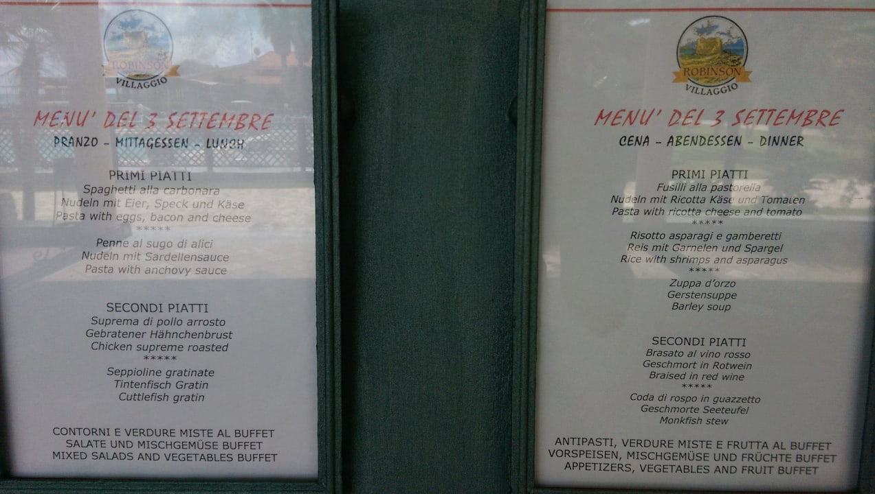 Mittag- Abendessen Villaggio Torre Ruffa Robinson