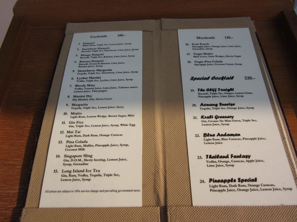 Getränkekarte Avani Ao Nang Cliff Krabi Resort
