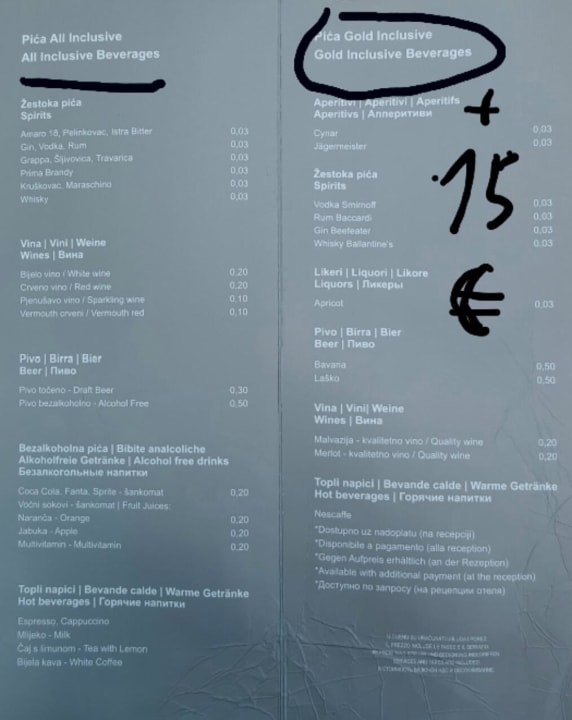 Getränke Karte für All in und Gold All in Hotel Aurora Plava Laguna