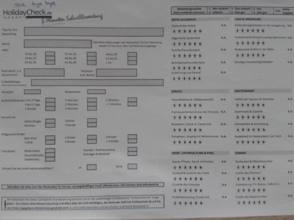 HC Bewertungsbogen für Hotelgäste als Feedback THB Gran Bahía