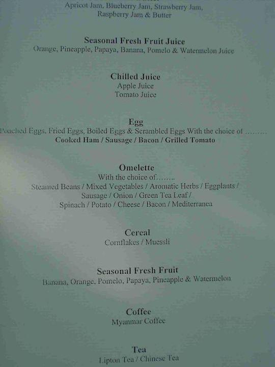 Die Frühstücksmenukarte Hotel Sandoway Resort