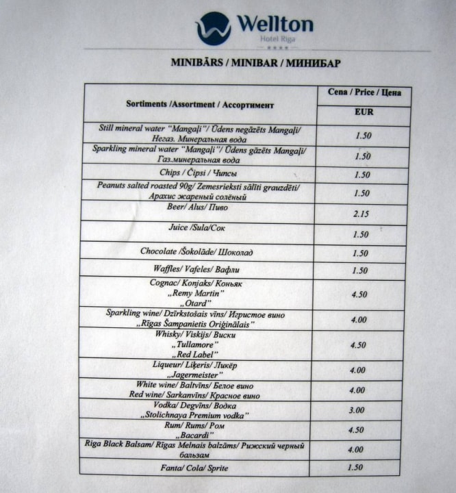 Minibar pricelist Wellton Riga Hotel & SPA