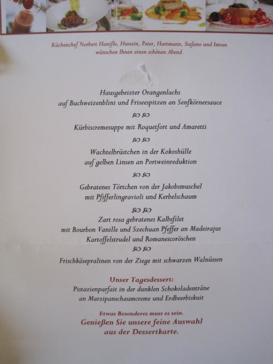 Eine exemplarische Abendkarte Hotel Ansitz Plantiz