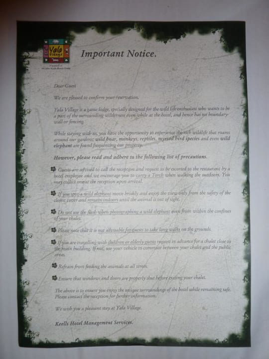 Hinweise für den Hotelaufenthalt Hotel Chaaya Wild Yala