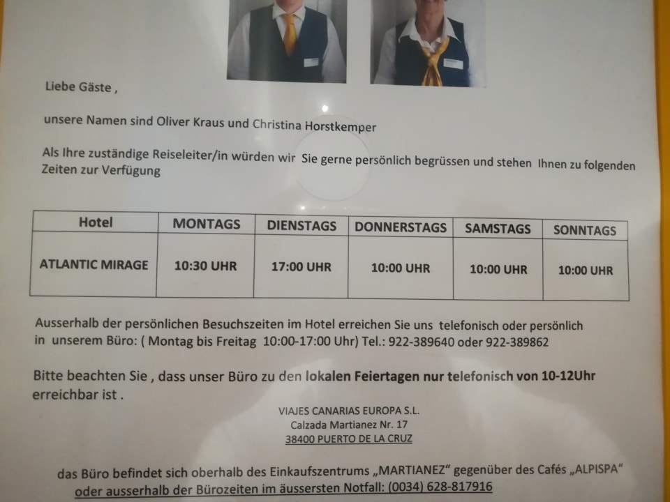 Sprechzeiten der Reiseleitung Atlantic Mirage Suites & Spa - Adults only